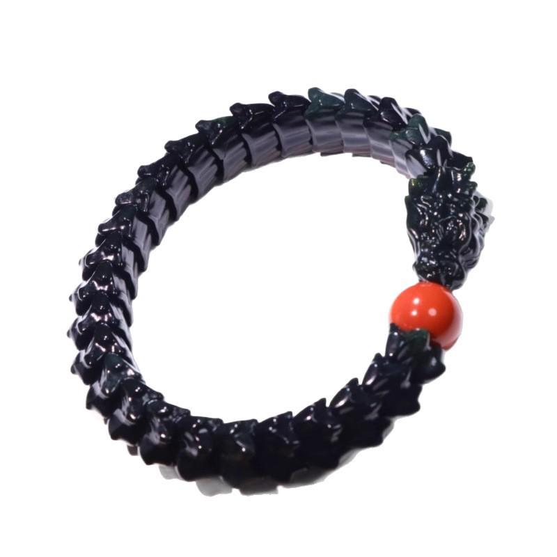 Prachtig Gesneden Jade Draak Armband: Natuurlijke Hetian Groene & Zwarte Schapenvet Jade met Inkt Jade Accenten