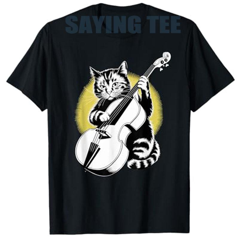 

Rockstar Bassist Cat on Cat Double Bass (Upright Bass) T-Shirt Double Bassist Music Streetwear Clothes Rock Kitty Graphic Tees 4XL