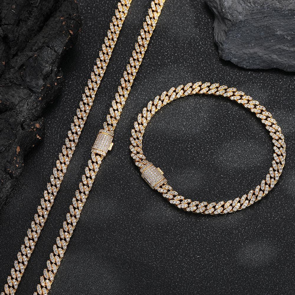 Geometric Diamond 6mm Single Row Cuban Chain Necklace, Hip-hop Personality Full Diamond Bracelet, Trendy Accessory