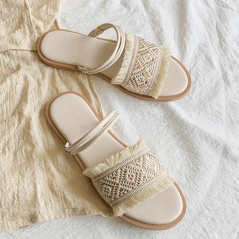 2025 summer new Korean version fashion versatile two wear woven travel vacation beach shoes flat cool slippers outside