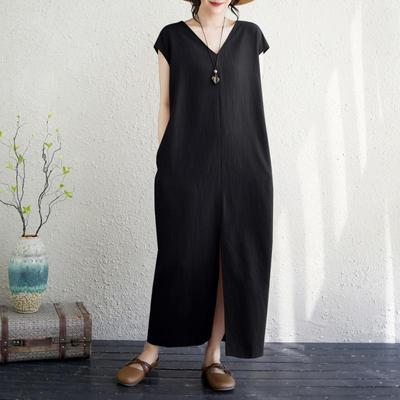 Vestido de verano Maxi largo casual holgado de algodón de manga corta talla grande vintage nuevo para mujer