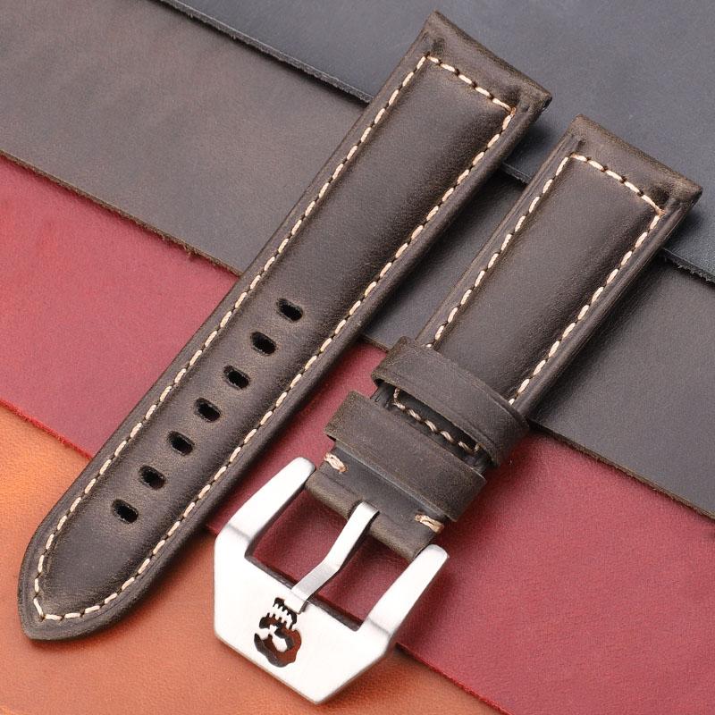 Watchband Vintage Watchbands 22mm 24mm 26mm Cow Leather Watch Strap Band Red Blue Green Brown With Skeleton Pin Buckle