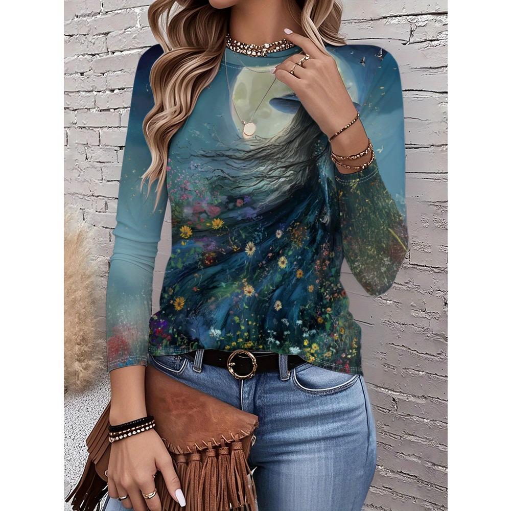 Women's T-shirt 3D Printing Green Plant Print Fashion Long Sleeve Round Neck Regular Top Holiday Weekend Spring and Autumn Y2K