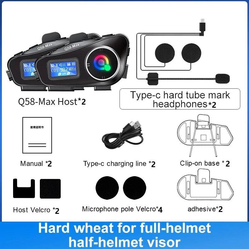 Q58-MAX Motorcycle Helmet Bluetooth Headset Intercom LED Lighting Dual 500M IP65 Rateddeep Waterproof Stereo FM Radio Interphone