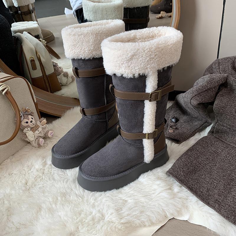 Damen Hoch Schnalle Mode Leichtgewichtige Weiche Sohle Winter Warm Fell Eins Schneestiefel Gepolstert Gefüttert Rutschfest Lässig Sport Baumwollstiefel