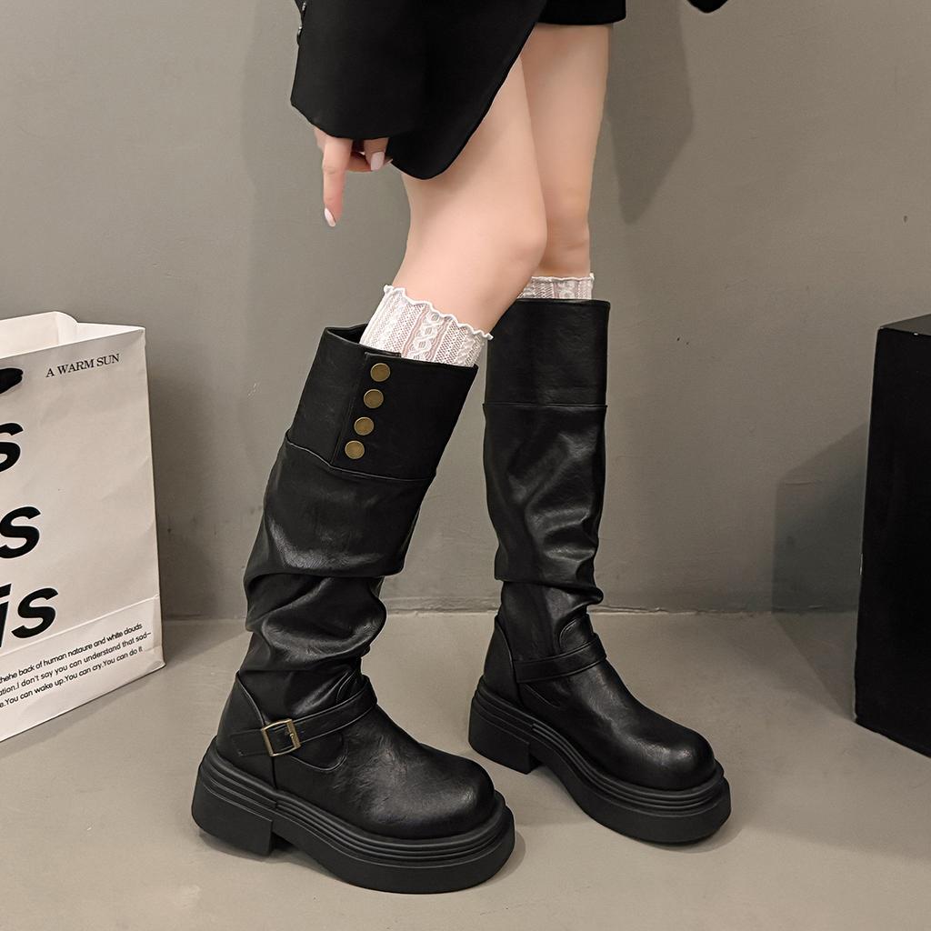 New Style Vintage Women Knight Knee High Boots Elegant Belt Buckle Shoes Concise Platform Heel Long Boots Zapatos De Mujer