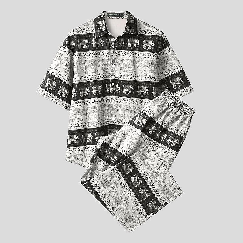 

INCERUN Две вещи Винтаж Мужские рубашки с коротким рукавом и цветочным принтом Брюки Повседневные праздничные комплекты M чёрный