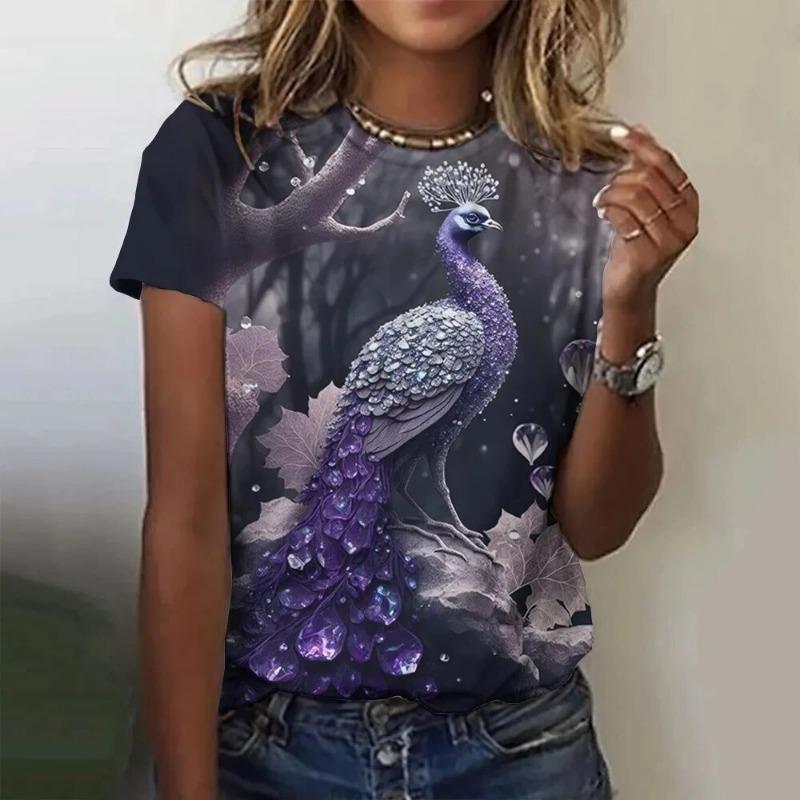 Peacock T-Shirts Animal Women Fashion O-Neck Short Sleeve T Shirt Y2k Harajuku Oversized Tees Tops Female Clothing