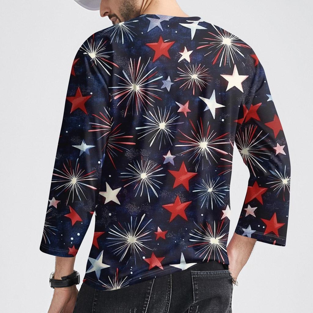 Herrenmode Lässiges T-Shirt mit Unabhängigkeitstag-Print am Hals und sieben Ärmeln
