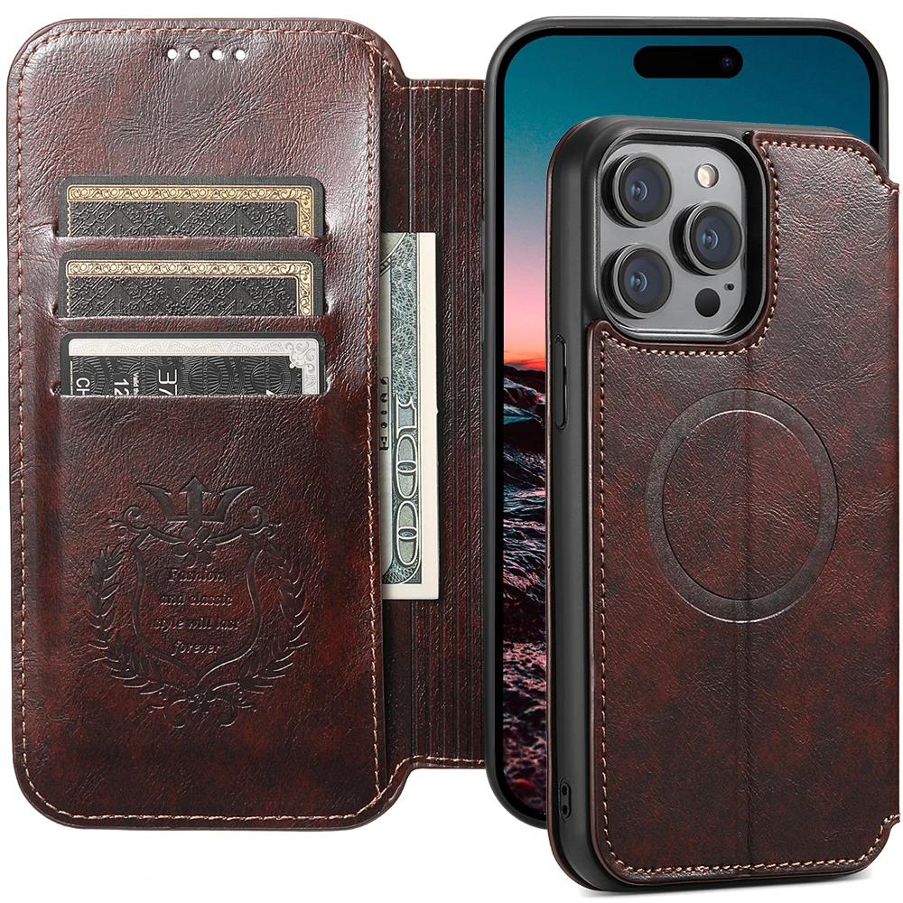 Wireless Charging Leather Wallet Cards Solt Case for IPhone 14 Pro Max 14Plus 15 13 12 for Magsafe Kickstand Magnetic Bag Cover