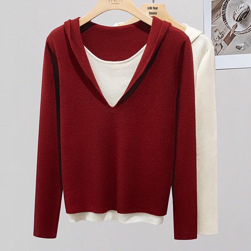 SIBOSHE Damen Herbst 2025 Kapuzenpullover Colorblock Faux Zweiteiler Strickoberteil