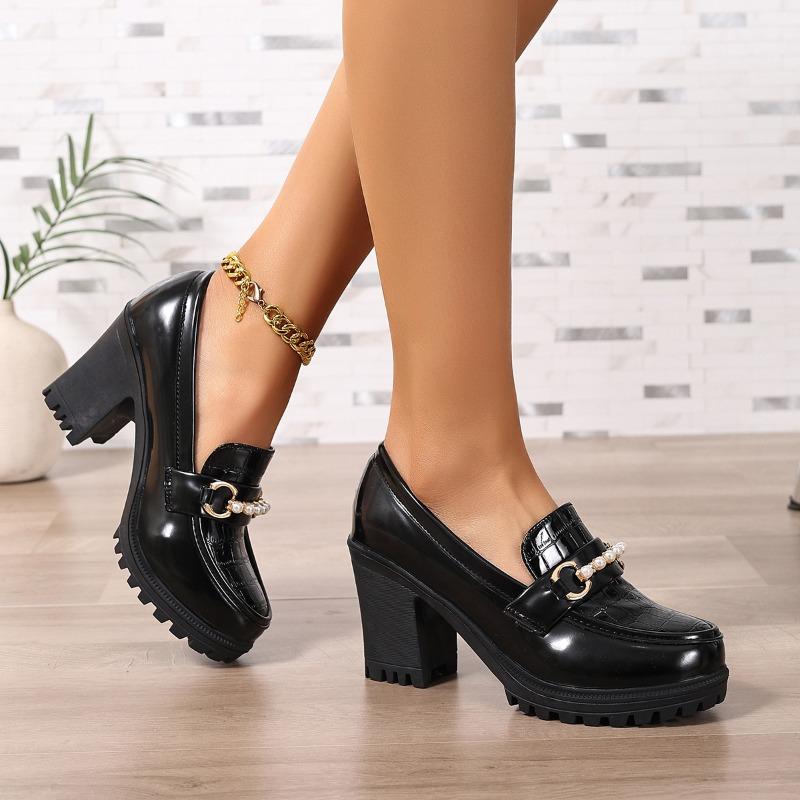 Block Heel High Heels Women's Spring and Autumn Patent Leather Platform Deep Mouth Single Shoes