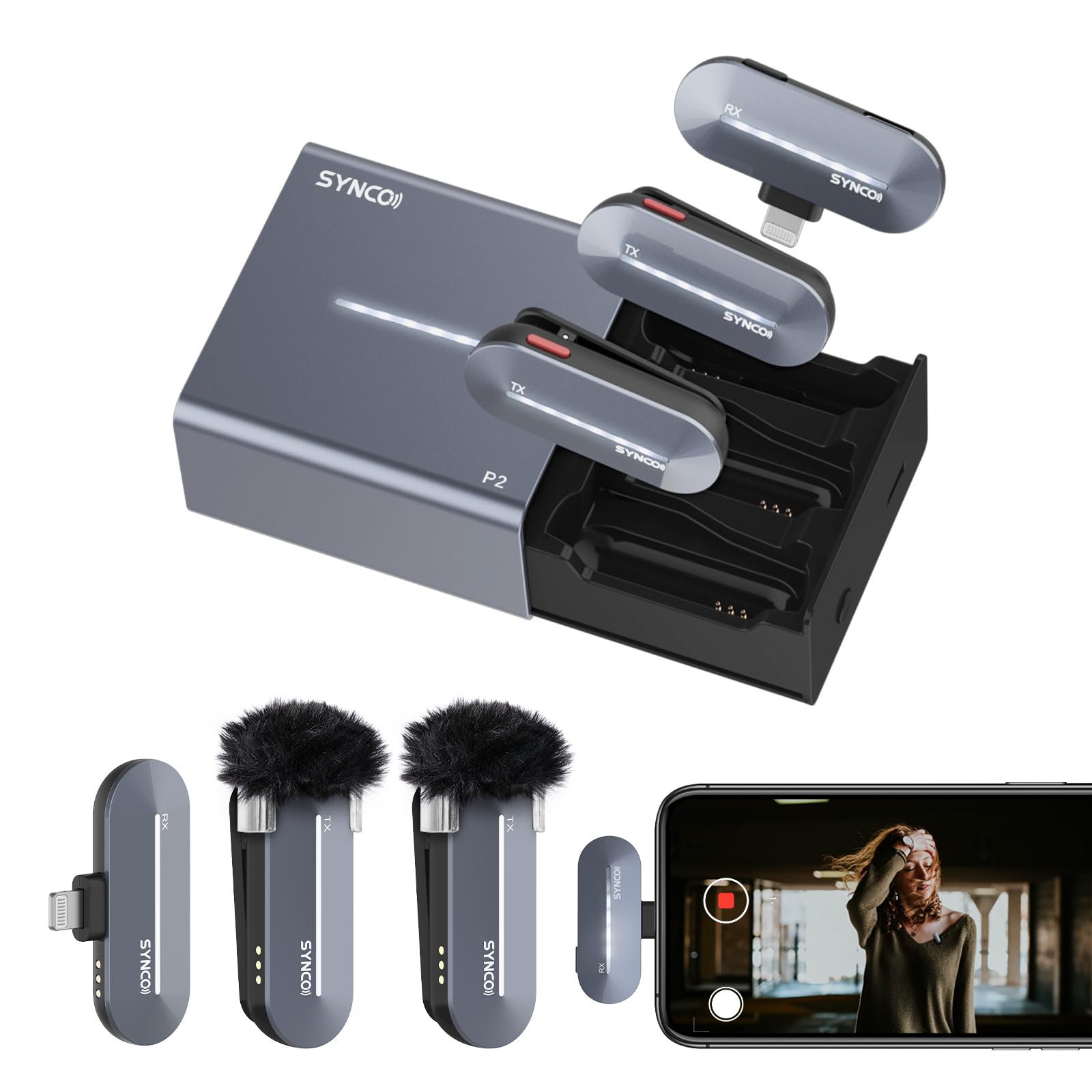 

Беспроводной петличный микрофон для iPhone, SYNCO P2SL, для видеозаписи с двумя участниками, быстрая автоматическая сопряжение, регулировка громкости, шумоподавление, 150 м