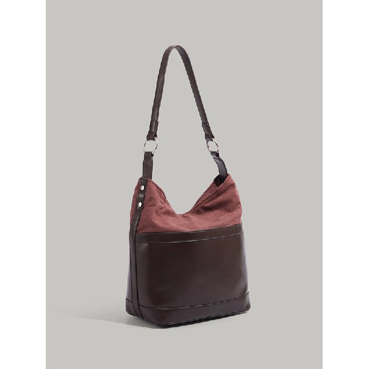 

Autumn Winter High-End Spliced Bucket Bag New Vintage Single Shoulder Bag Class Commute Bag Large Capacity Underarm Bag for Women Coffee Color