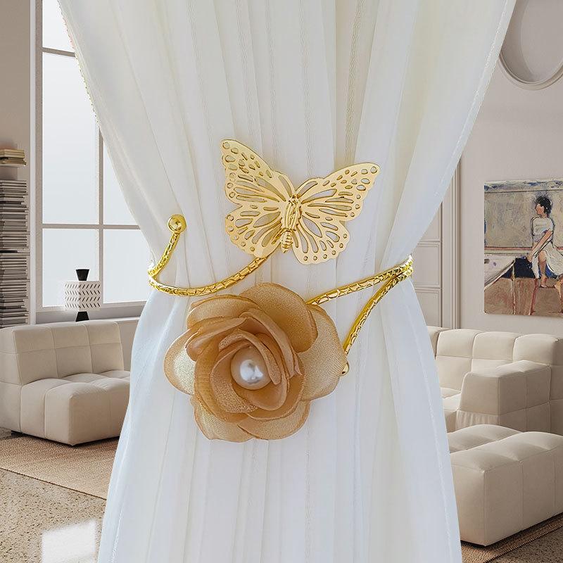 2pcs Three-dimensional Butterfly Flower Pearl Curtain Hooks Without Holes for Bedroom and Living Room Soft Decoration Curtain Ties