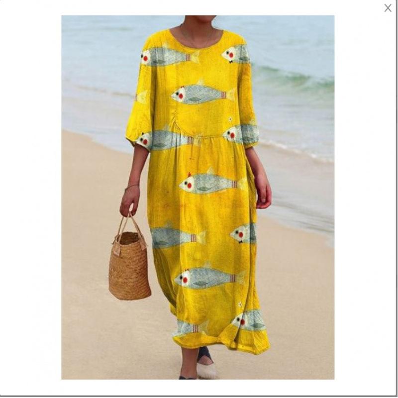 Women's Round Neck 3/4 Sleeve Midi Dress Casual Loose Solid Color Beach Vacation Long Dress
