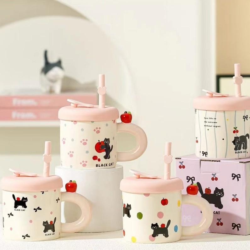 2025 Summer Hot-Selling Straw Cup Direct Sales Whole Ceramic Cup With Lid With Straw Cartoon Mug