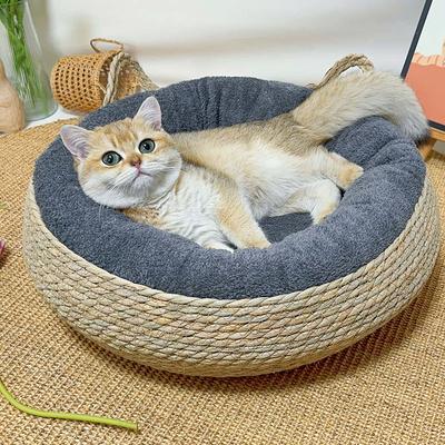 Gewebtes Katzenbett Natürliches Katzenbett Strohkorb Gewebtes Haustierhaus Handgeflochtenes Rohrkolbenblatt mit Weicher Kissenmatte