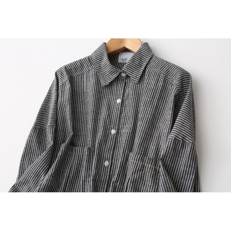 From Cupboard Tail Single Artsy Minimalist Loose Vertical Striped Cotton Shirt Women's Long Sleeve Mid Length Long Length Casual Shirt Spring & Fall