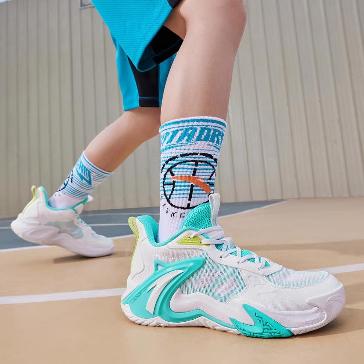 Anta Kids Air Space Comfortable Simple Shock Absorption Wear Resistant Low Top Basketball Shoes Kids Basketball Shoes White Green A312421105-4