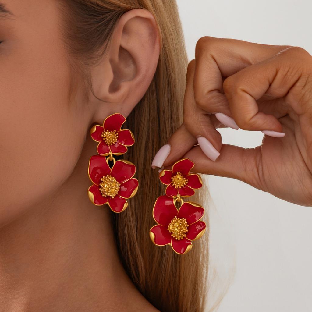 Vintage White Cold Enamel Flower Dangle Earrings for Women Gold Color Double Layer Floral Drop Earrings Party Wedding Jewelry