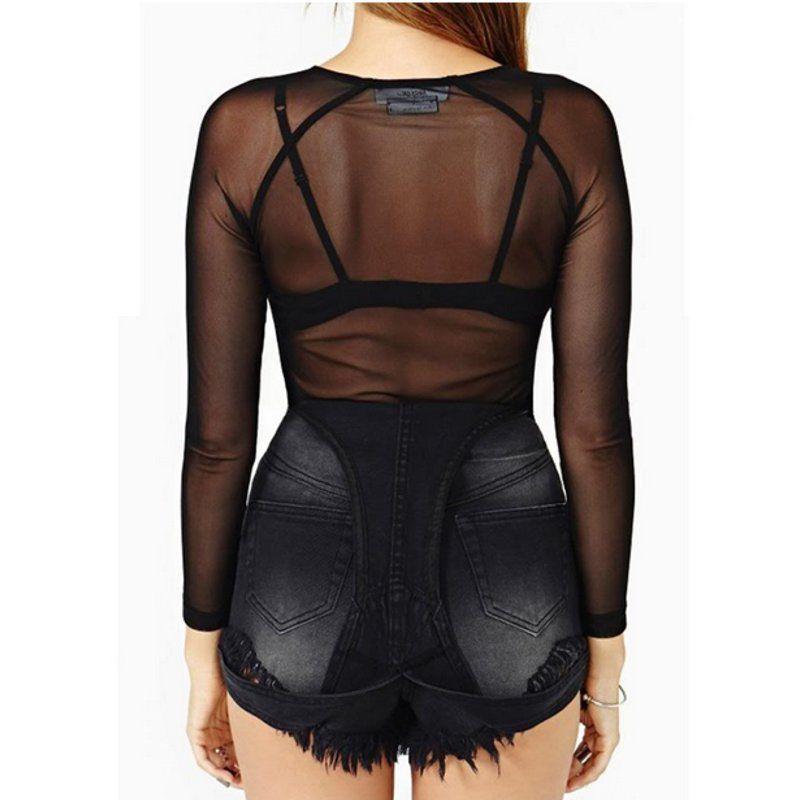 Damen Sexy Schwarzes Mesh Langarmshirt - Super Elastisch, Vollständig Transparente Basisschicht für Frühling & Herbst