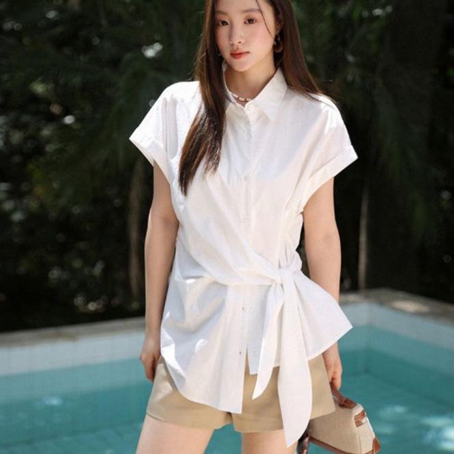 Summer New Sweet Wind Lace-up POLO Neck Short-sleeved Shirt Women's Simple Design Loose and Thin Top