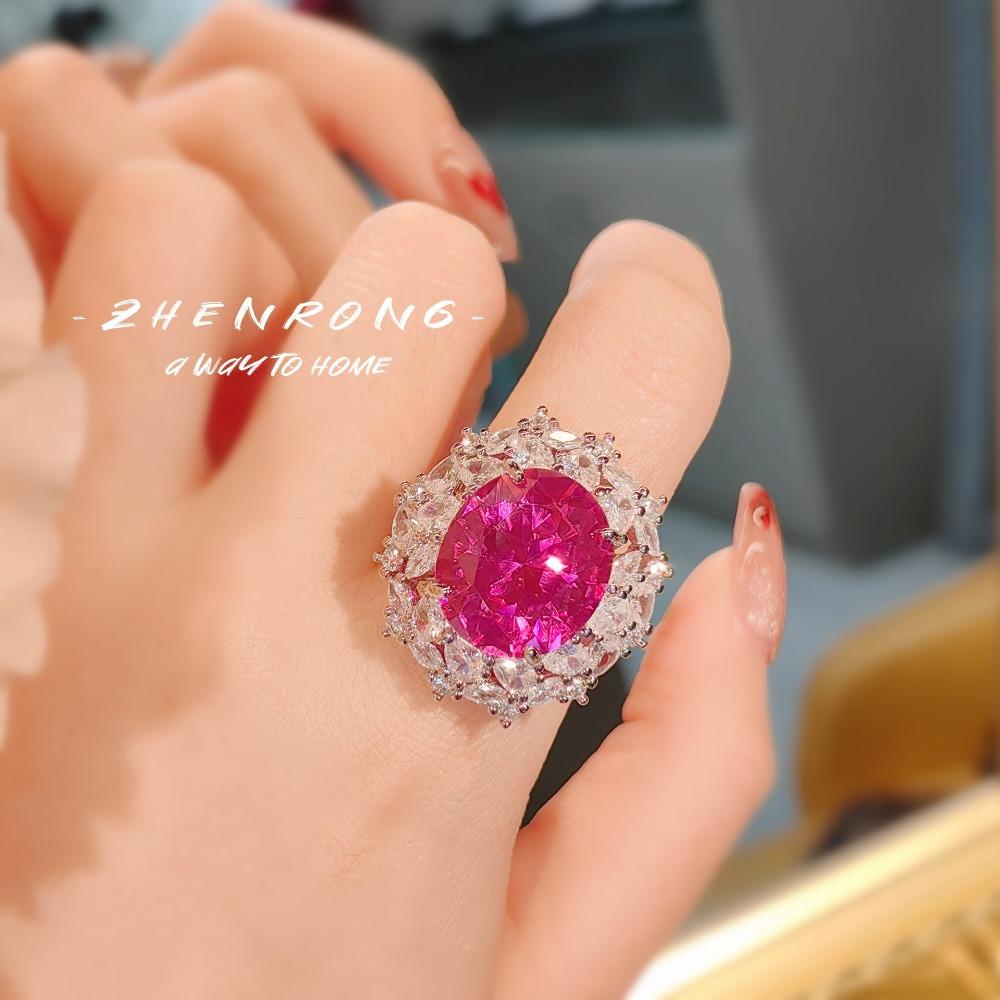 Luxury Red Corundum Pendant Women Jewelry Set with Rose Diamond Ring Earrings High Carbon Diamond Gemstone