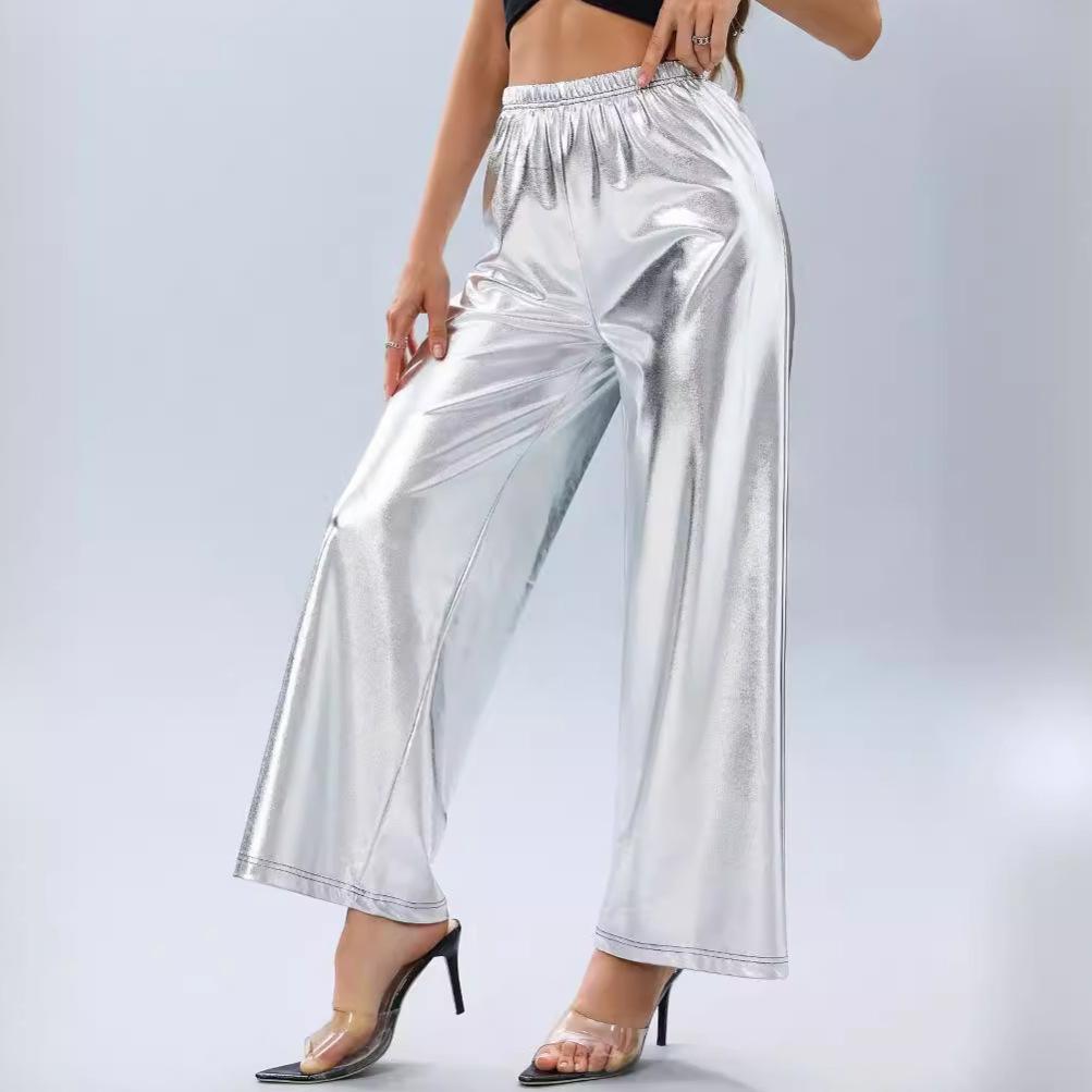 2024 New European & American Women's High Waist Silver Wide-Leg Casual Trousers