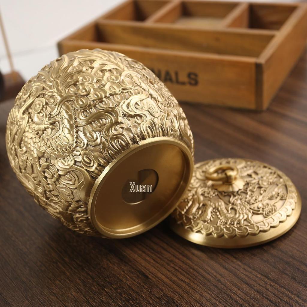 Double Dragon Copper Tea Canister Ornament - Pure Copper Storage Jar for Office/Desktop Decor