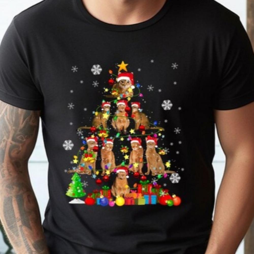Christmas Santa Abyssinian Cat TShirt Xmas Lights Graphic Tops High Quality Cotton Shortsleeve Trending Clothes for Cat Lovers