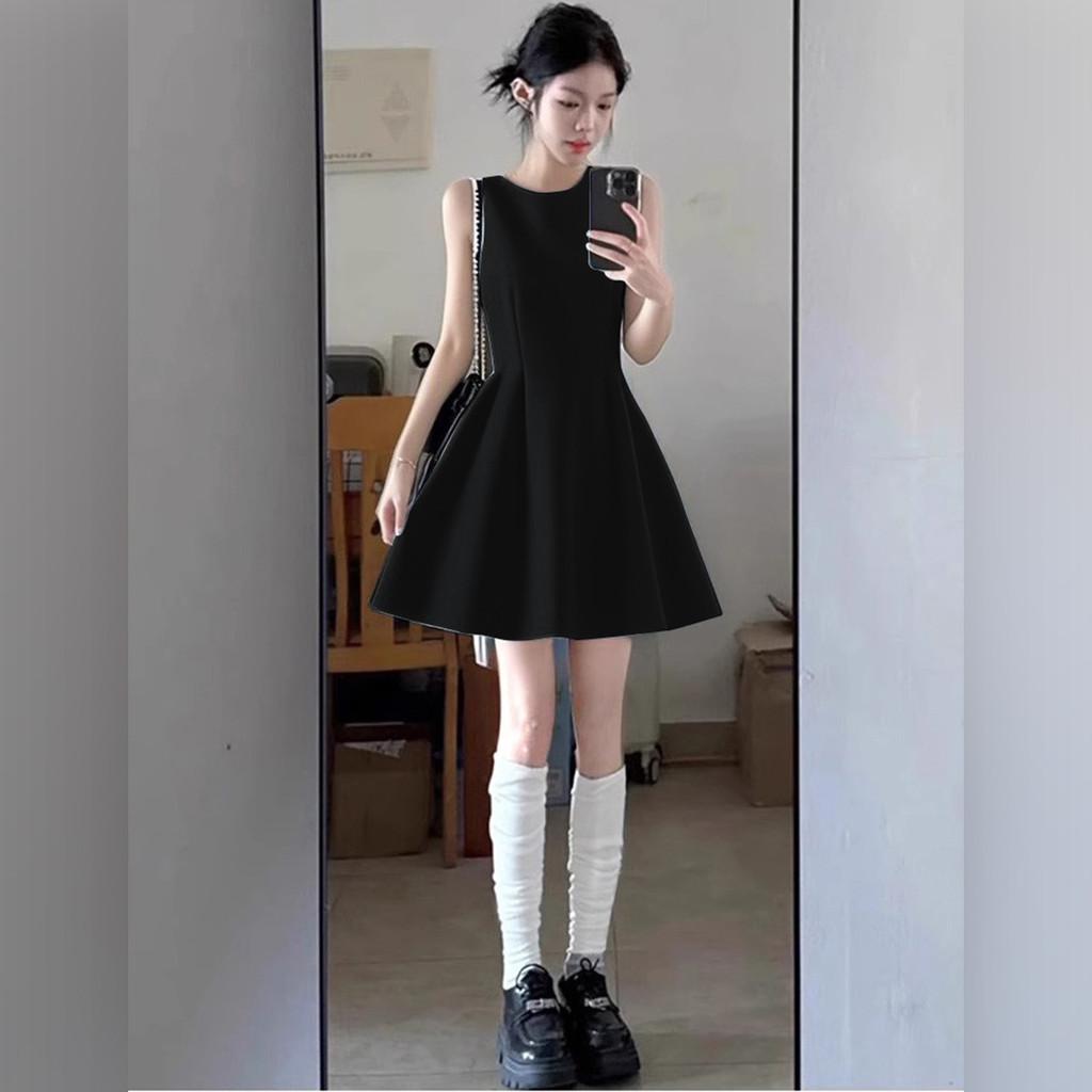 Sophisticated Black Cotton Blend A Line Sleeveless Dress For Summer Elegant Womens Fashion