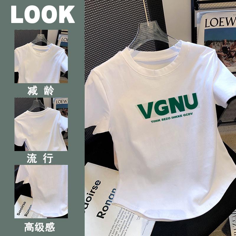 

2025 new white short hem curved short-sleeved t-shirt women s slim front shoulder t-shirt Spice girl short top tide M