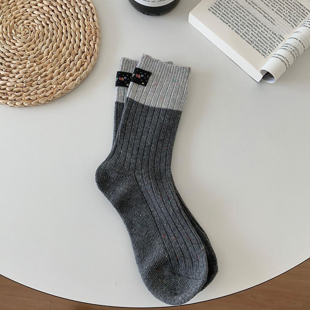 Color Matching Heel Cloth Label Thick Needle Socks, Idea Yarn Medium Tube Stacking Socks, Children'S Couple Socks