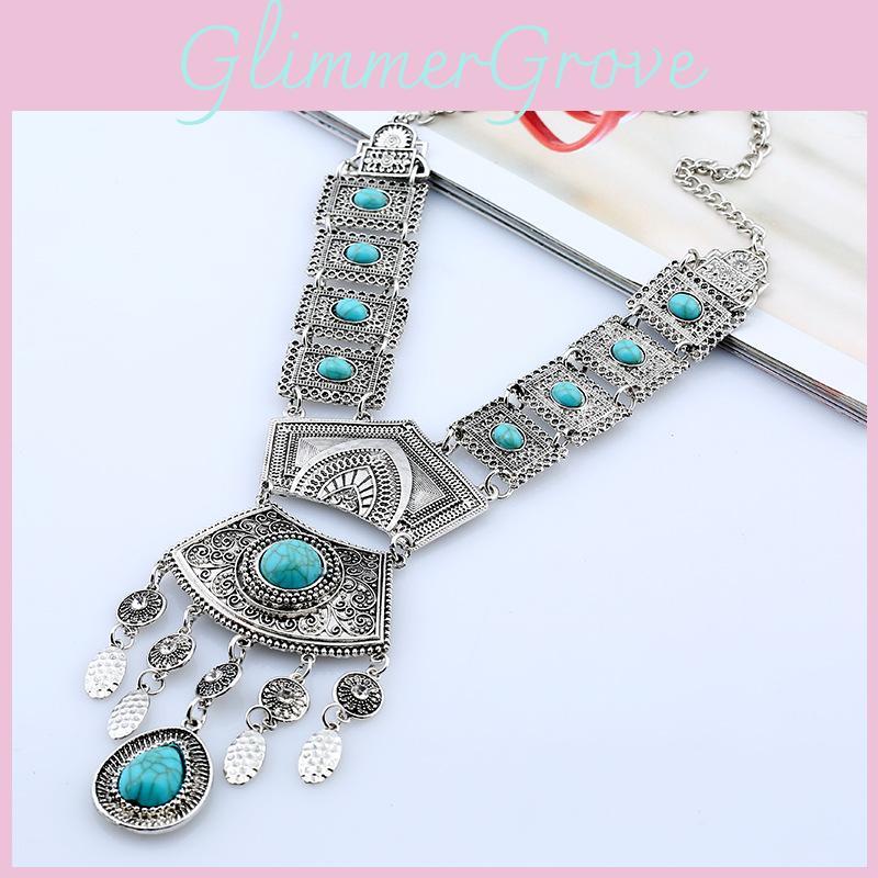 Ethnic Style Simulation Gemstone Decor Women Metal Necklace With Tassel For Boho Fashion Jewelry