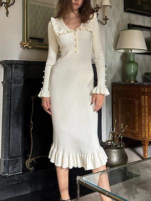 Elegant High Waist Ruffled Maxi Dresses Women Autumn Winter Knitted Slim Sweater Dress Female Korean Fashion Vintage Retro Clothes 2024