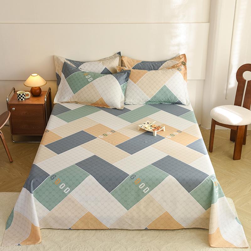 Geometric Grid Pattern Bed Sheet Set 3Pcs 100% Cotton Queen Size Bedding Set Skin-friendly Soft Bed Sheets with Pillowcases