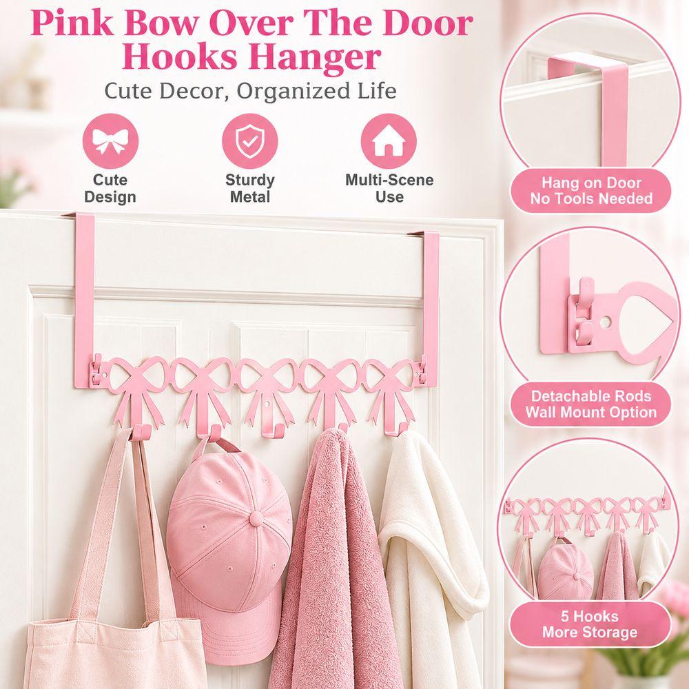 Pink Metal Hook Rack 5 Hooks Pink Bow Hooks Coquettish Over The Door Hooks Bedroom Decor