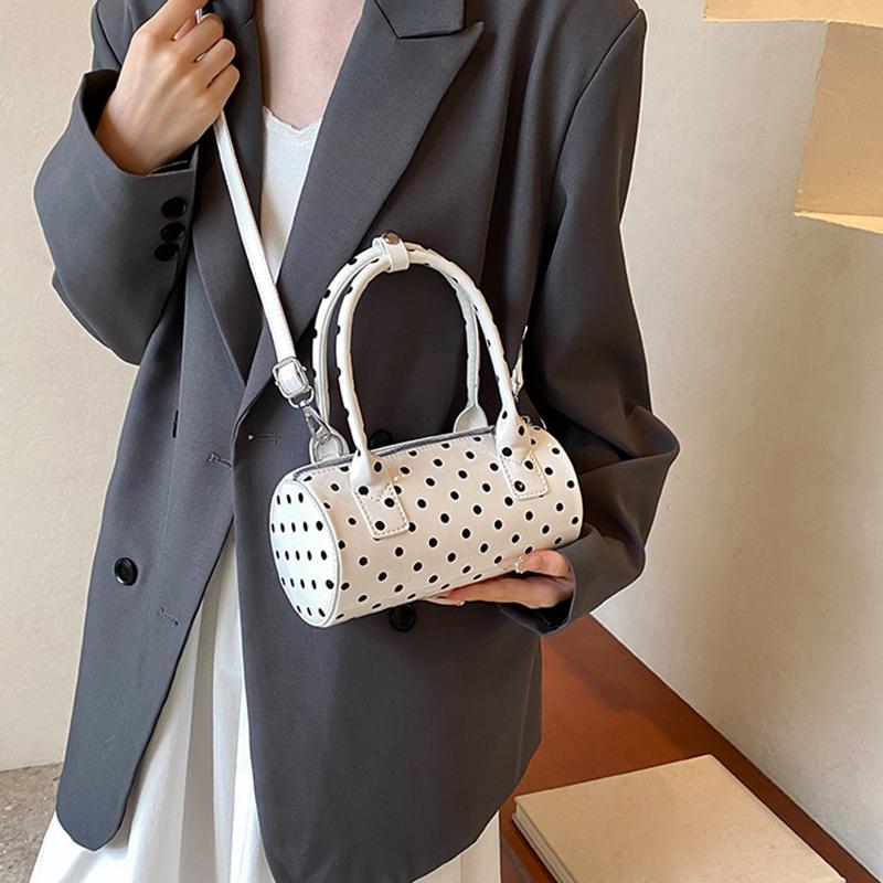 Chic Black & White Polka Dot Stylish Cylinder Crossbody Bag Braided Handle PU Leather Zip Closure Versatile Messenger Bag for Women AVE