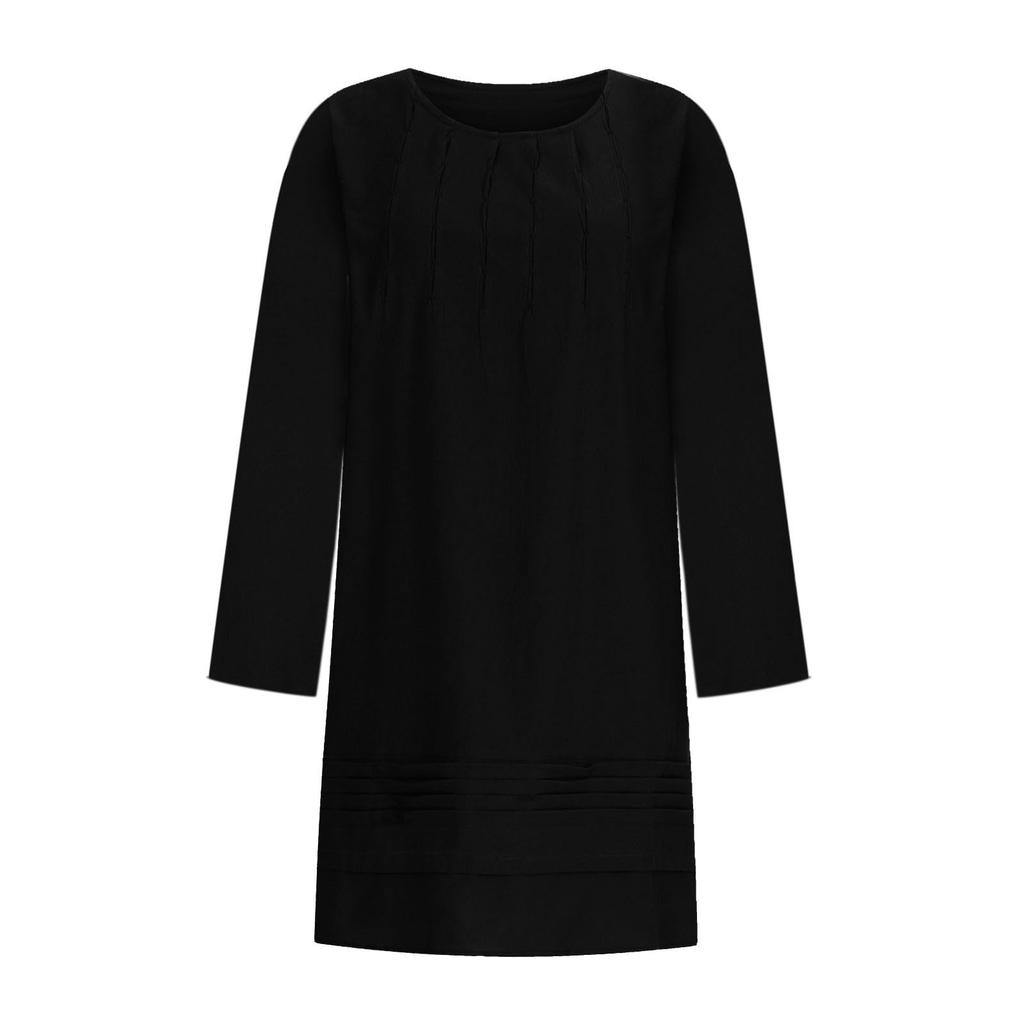 Women's Round-neck Solid-color Loose Casual Cotton And Linen Dress