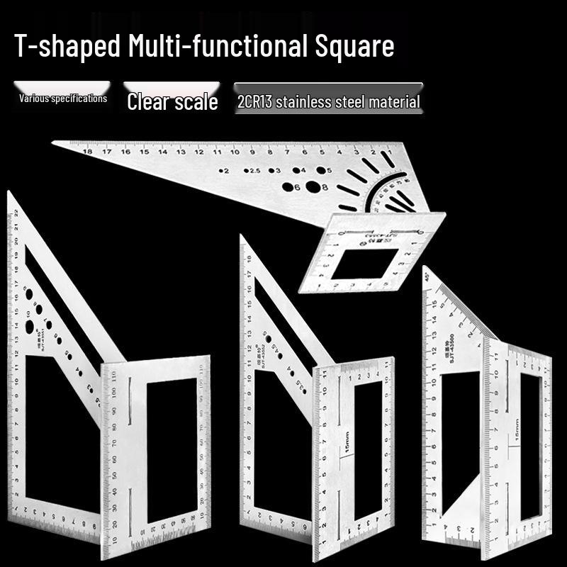 Multi-functional T-shaped Combination Square: 90° & 45° Marking Ruler, 2CR13 Stainless Steel for Woodworking and Wire-Passing.