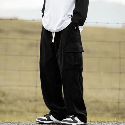 Men Pants Elastic Waist Adjustable Drawstring Long Pants with Flap Pockets Solid Color Loose Fit Corduroy Pants