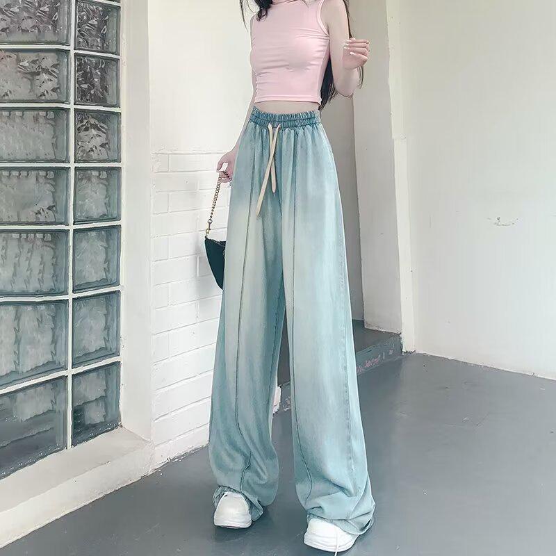 

Women s High-Waisted Wide-Leg Ice Silk Jeans: Elastic Waist, Loose Fit, Slimming, Summer-Ready, Floor-Length. L синий