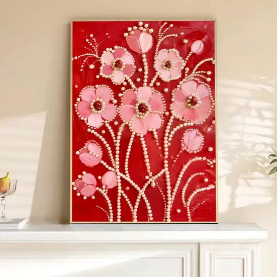 Plastic Pearl Painting Craft Set Faux Pearls Pre-Printed Canvas Set Rose Designs DIY Pearl Painting Kit for Wall Decor Gift Idea
