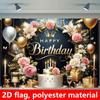 2D Schwarz Gold Happy Birthday Kulisse, Elegante Blumige Kuchen & Krone Party Hintergrund