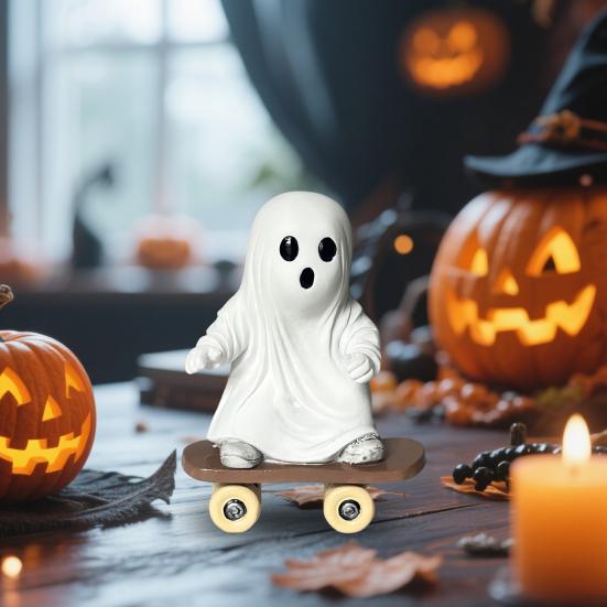 Halloween Skateboard Ghost Statue Cute Resin Ghost on A Skateboard Figurine for Tabletop Centerpiece Bookshelf Tiered Tray Decor