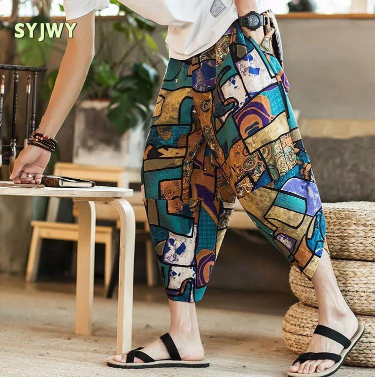 Cotton And Linen Pants Summer Beach Cropped Pants Men's Loose Large Size Bloomers Ethnic Floral Pants