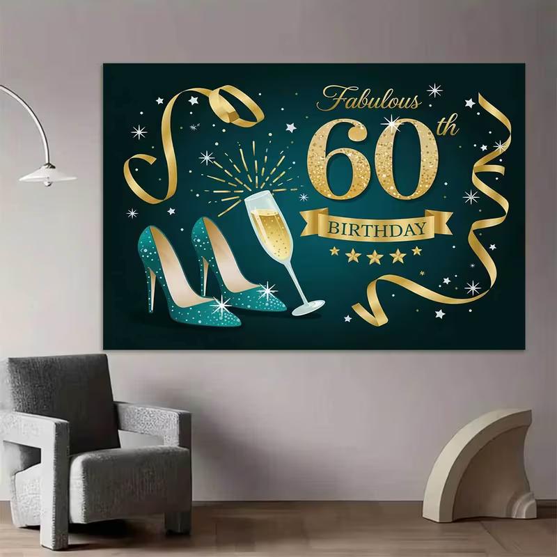 2D "Fabulous 60th Birthday" Backdrop Teal Gold High Heels & Champagne Photography Background Cloth