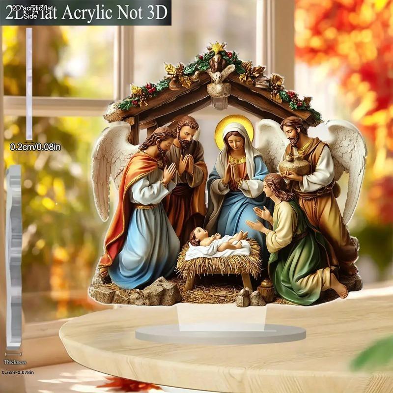 2D Flat Jesus Nativity Scene Acrylic Desktop Decoration, Mary, , Jesus, Shepherds & Angels, Suitable for wall decoration, porch, room, villa, accents