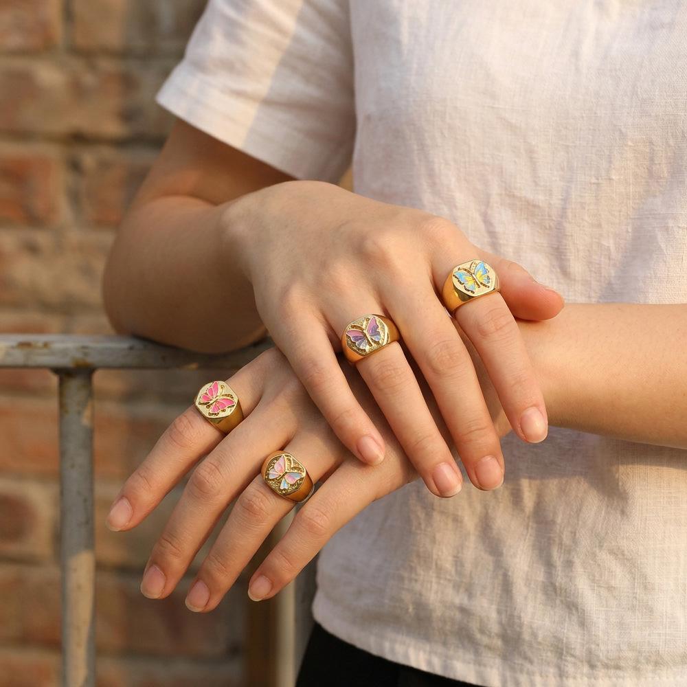 Copper-Plated 18K Gold Enamel Butterfly Adjustable Wide Band Ring for Women